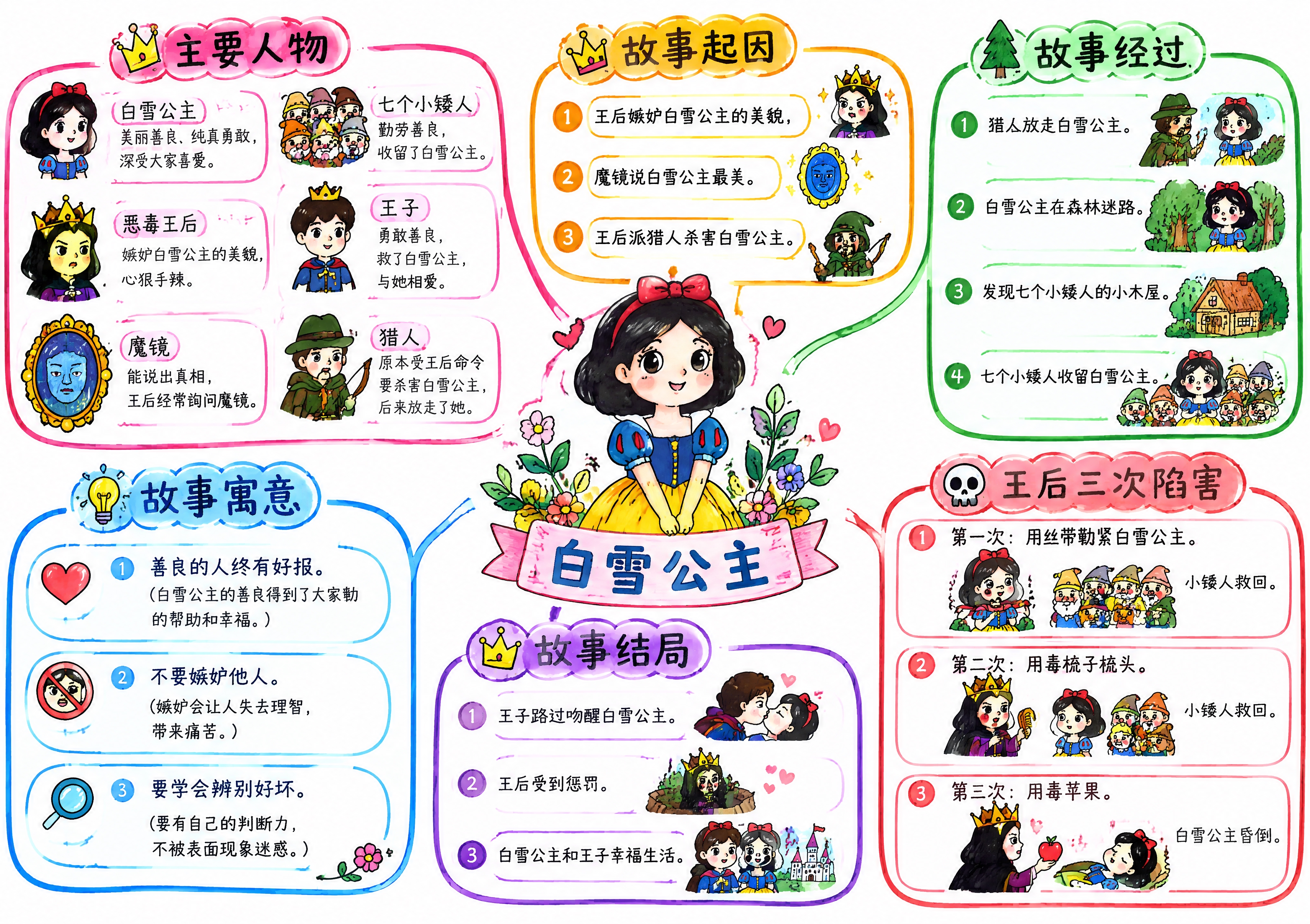白雪公主故事思维导图，马克笔手绘风格，白色背景，童趣可爱的线条… - 图片创意预览