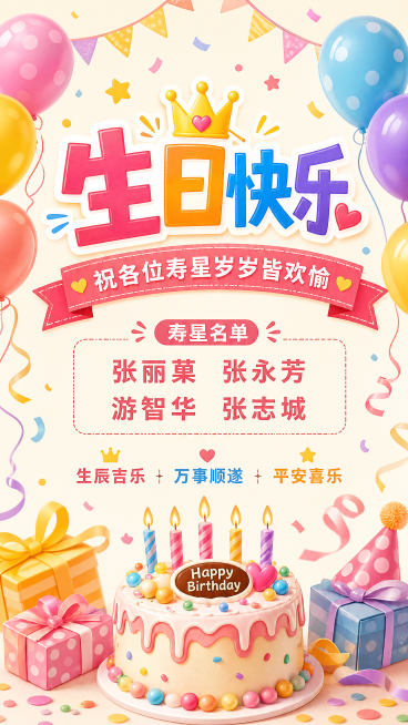 卡通活泼温馨时尚风格的集体生日祝福海报，不需要人物，主标题文字"生日快乐"，副标题文字"祝各位寿星岁岁皆欢愉"，寿星名字文字"张丽菓 张永芳 游智华 张志城"，点缀文字"生辰吉乐 万事顺遂 平安喜乐"预览效果