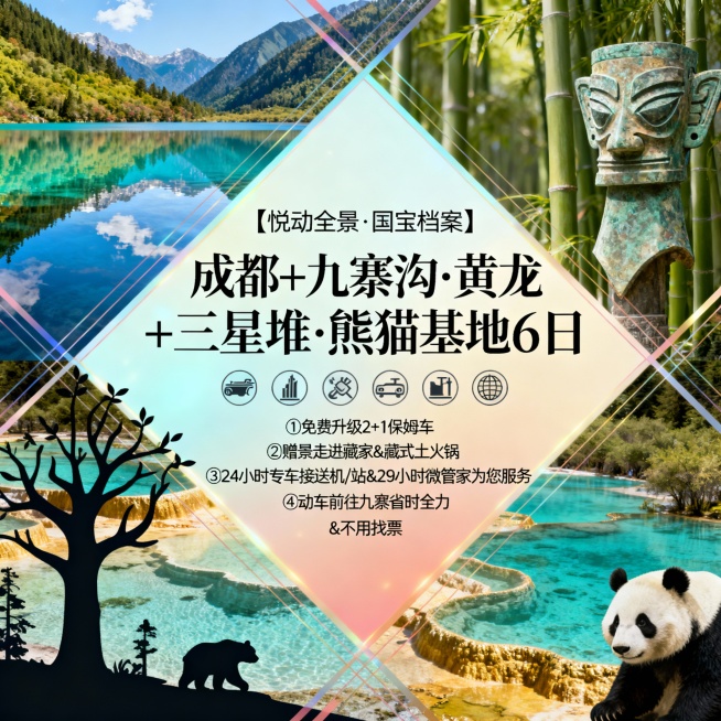 请生成一张810*810的旅游产品首图，产品名：【悦动全景·国宝档案】，产品题目：成都+九寨沟·黄龙+三星堆·熊猫基地6日，景区包含：九寨沟、黄龙、三星堆、熊猫基地，产品卖点：①免费升级2+1保姆车②预览效果
