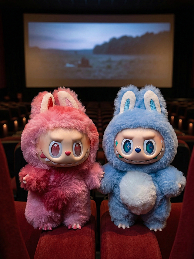 将图中的粉色labubu毛绒玩偶和蓝色labubu毛绒玩偶放在一起，两个玩偶并排坐在电影院座位上，一起面向前方看电影，背景是电影院放映厅，有大屏幕和昏暗温馨的观影氛围，两个玩偶都保留原有的毛绒质感和造型特征。