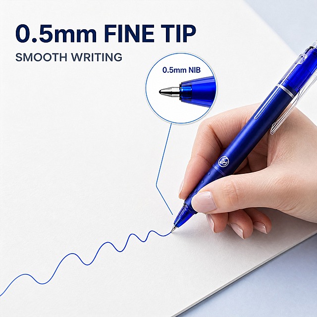 [主图-4｜书写体验·0.5mm 细笔尖] 本张产品为「12 Pack Erasable Gel Pens 0.5mm Retractable Blue Ink Smooth Writing Pens for School Office Home」（该名称仅作内部标识，不得渲染为画面文字）。唯一任务：证明 0.5mm 细笔尖出墨顺滑、书写连续不断线。

[统一基调] 干净克制的北美 Amazon listing 信息图风格，商业摄影与扁平信息图结合；背景主色纯白到极浅冷蓝（#FFFFFF—#F2F6FC）；标题字色深海军蓝 #0B2A5B，辅助字色石板灰 #5A6478，强调色为笔身同款宝蓝 #1E4CD7；只使用一种几何无衬线字体（Inter/Helvetica 类），仅通过字号层级区分，辅助小字比标题小 50% 以上；放大窗为白色圆角 + 1px 浅蓝描边 + 极轻投影，引线与线性图标统一宝蓝；所有可见文字为英文、横排、无逗号、无中文、无促销价格。

[画面] 微距对角线构图：画面中下部一支按动式蓝色可擦凝胶笔（笔尖已伸出）正被书写，笔身自右下向左上延伸，笔尖与纸张接触点清晰，纸面留下一段连续、均匀、顺滑、无断点无飞白的蓝色凝胶墨线。执笔者为一位欧美成年女性模特（仅出现右手与手腕局部，肤色自然、指甲整洁、手指结构正确、无多余手指），握姿自然放松，不出现面部与身体其他部位；输入图手部仅作书写状态参考，须替换为这位欧美成年女性的手。笔尖右上方设一枚圆形局部放大窗，宝蓝引线连接笔尖，放大窗内为微距质感，呈现锥形笔嘴与 0.5mm 笔尖球珠，窗内标注英文名称 "0.5mm NIB"。产品外观、宝蓝半透明笔杆、点状握区、银色笔夹与输入图完全一致。

[光影质感] 柔和顶部光配轻微侧逆光，纸面有细微纹理，笔杆有圆柱形高光，手部在纸面留下自然投影，接触真实。

[配色] 白纸、极浅冷蓝与浅灰环境、宝蓝产品与墨线；标题深海军蓝，副标石板灰。

[文字版式] 左上留白处英文大标题 "0.5mm FINE TIP"，其下小一号副标 "SMOOTH WRITING"，放大窗内 "0.5mm NIB"；单一无衬线字体，横排，无中文无逗号。

[输出要求] 1:1 正方形 2048×2048，墨线连续、笔尖清晰。负向：不得出现水印、平台 logo、中文、错字、畸形手、多余手指、融合手指、指甲异常、穿模、墨水飞溅、断线、脸部、身体。