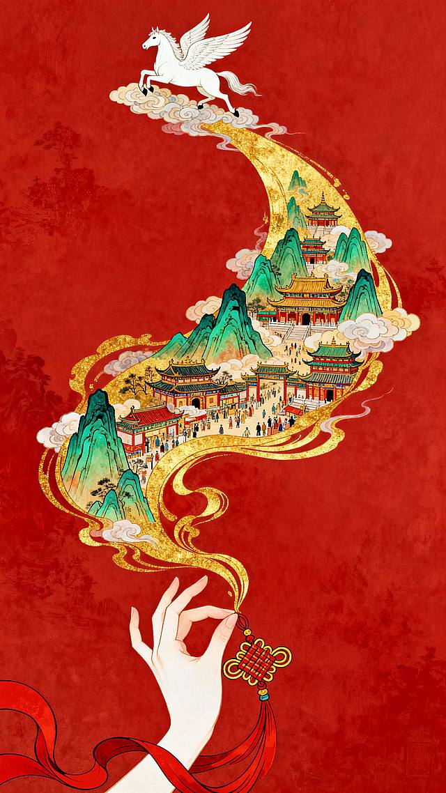 极具东方古典美学意境。画面的构图呈S形向上流动。底部正中是一只纤细白皙的手，姿态优雅，指尖轻轻捏着一个精致的中国结，从中国结中延伸出红色的丝绸飘带与金色的流光，这些线条向上盘旋飞舞，逐渐幻化成一条色彩斑斓的 金色长河（在这条流体长河中，包裹着细腻的春节氛围的场景：层峦叠嶂的青绿山脉、错落有致的古代宫殿楼阁、繁华的市井屋檐以及缭绕的云雾。画面最顶端一匹腾云飞起的白色翼马回首望向人间）。红色背景，红金色调为主