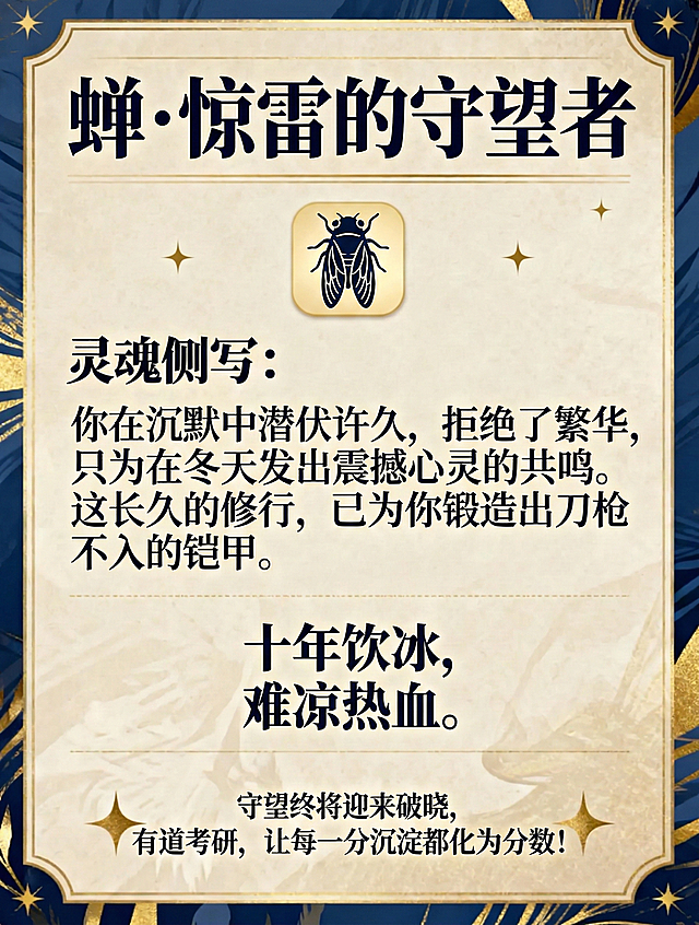 替换为蝉主题，标题为【蝉 · 惊雷的守望者】，灵魂侧写：你在沉默中潜伏许久，拒绝了繁华，只为在冬天发出震撼心灵的共鸣。这长久的修行，已为你锻造出刀枪不入的铠甲。
“十年饮冰，难凉热血。”
守望终将迎来破晓，有道考研，让每一分沉淀都化为分数！，中间图标替换为深蓝色蝉剪影，保持原海报的蓝金配色、复古边框、排版布局，句号后换行
