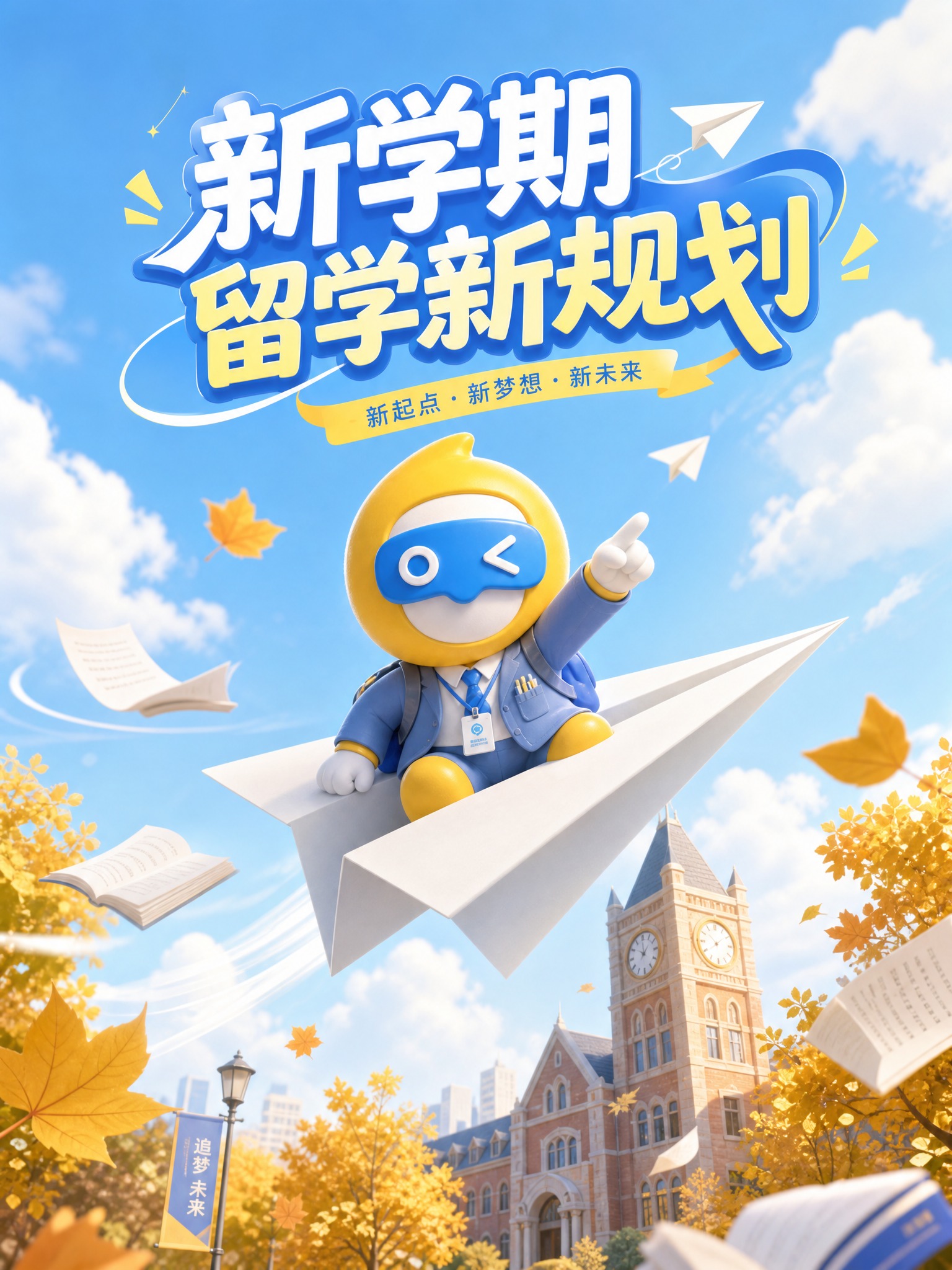 竖版开学季留学主题海报，蓝天白云背景，金黄色树叶的校园钟楼建筑… - 图片创意预览