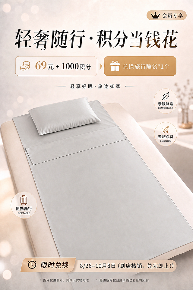 保持画面整体布局、所有文字内容、背景、装饰元素完全不变，仅将床上的灰色旅行睡袋和枕头铺平，使其平整无褶皱，呈现整齐铺展的状态，产品颜色和材质质感保持不变