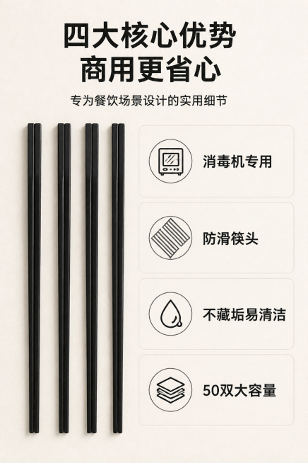 2:3竖版电商详情页，杂志风分栏排版，背景为浅米色哑光纹理，整体风格与首屏统一。左侧为4双整齐排列的芭泰普黑色合金筷子，严格还原产品的哑光黑色、方形筷身细节；右侧为4个模块化卖点展示，每个模块搭配简约预览效果