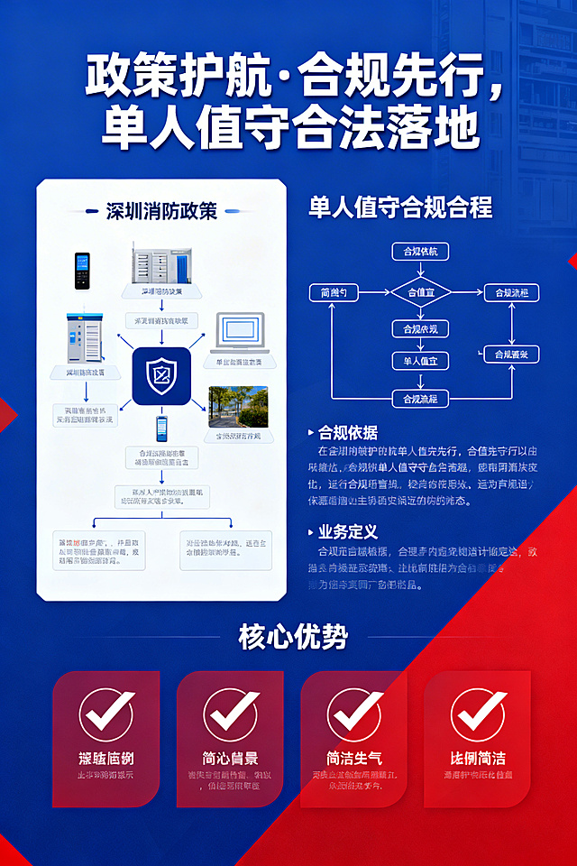 太消科技消防单人值守业务宣传折页第二面，科技蓝+消防红配色，专业简洁风格，大标题文字"政策护航·合规先行，单人值守合法落地"，左侧配深圳消防政策示意图，右侧配简约线条风格单人值守合规流程图，正文介绍合规依据与业务定义，下方四个带勾选标的核心优势，图文比例1:1，排版简洁大气