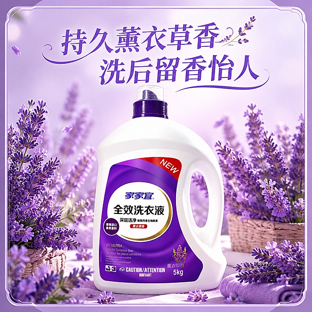 [主图-8] 家家宜薰衣草洗衣液薰衣草香氛展示图
产品放置在中心，周围点缀新鲜薰衣草花束，背景是浅紫色渐变温馨氛围，营造自然香氛氛围感，带边框设计。
光影：柔和自然光，氛围感强，产品清晰。
配色：浅紫渐变背景搭配白色产品，紫色薰衣草呼应产品主题，温馨清新。
文字版式：顶部大字"持久薰衣草香 洗后留香怡人"，字体柔和紫色，清新醒目，不遮挡产品主体。
比例分辨率：1:1比例，4k分辨率，文字清晰可辨，超高清。
负向提示词：变形，文字错乱，产品图模糊，背景杂乱，水印，电商平台Logo