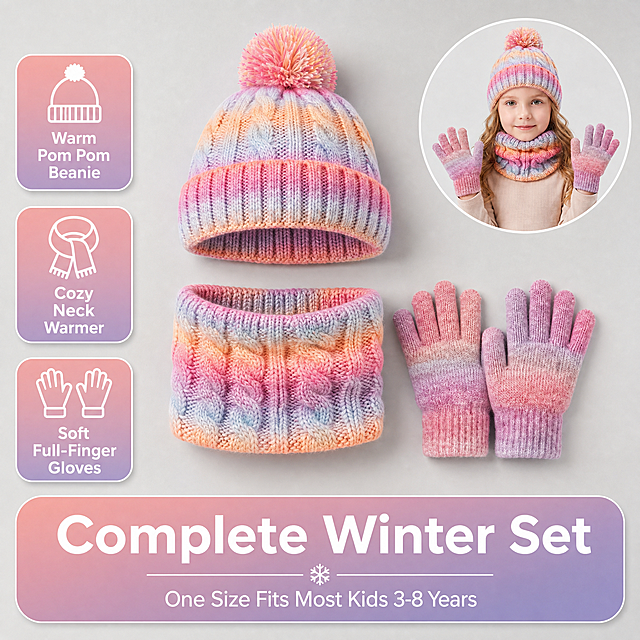 3-in-1 set features infographic for kids winter accessories. The gradient ombre beanie hat, neck warmer scarf, and gloves are arranged neatly in a flat lay on a soft light gray surface, showing all three pieces clearly. The young Caucasian girl model (欧美小女孩模特, same girl) appears in a circular inset at top right wearing the full set, smiling. Keep all product appearance and colors exactly consistent with input image. Three feature callout boxes with icons and English text: 1) Hat icon with "Warm Pom Pom Beanie", 2) Scarf icon with "Cozy Neck Warmer", 3) Gloves icon with "Soft Full-Finger Gloves". Bottom has larger text "Complete Winter Set" with smaller text "One Size Fits Most Kids 3-8 Years". Clean modern sans-serif font, white text on soft gradient pink-purple rounded cards. Minimalist professional Amazon infographic style. Soft even lighting, clean composition. Color palette: light gray background, product gradient colors as theme, white text cards with subtle shadow. 1:1 square format. Negative: deformed hands, extra fingers, distorted face, Asian features, Chinese text, watermarks, cluttered layout, blurry product