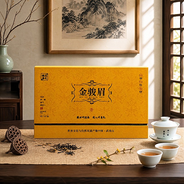 超写实新中式茶空间产品摄影。
主体：金骏眉茶叶礼盒严格参照上传产品图，完整保留所有可见组件、轮廓、结构、比例、材质、颜色与产品本体上的所有文字信息（毓品善礼、金骏眉、世界文化与自然双遗产地中国·武夷山等所有文字与图案），与上传图完全一致；自然融入场景光影，与场景共处同一物理空间。产品占画面约60%，完整不裁切，正面微俯拍构图，背景无其他同类产品。
构图：正面微俯拍，居中构图，礼盒平稳放置。
风格：新中式雅致。
场景：中式茶室一角，午后柔和自然光。
空间：①礼盒后方，米白色肌理墙面，挂一幅水墨山水装饰画；②左侧，深胡桃木博古架局部，摆放一只青瓷小花瓶，插着几枝枯枝；③右侧，木质花格窗棂，透进柔和自然光。
承载面：深胡桃木实木茶桌，桌面铺一块浅棕色亚麻茶席。
陪衬物：①礼盒右前方，一套白瓷盖碗与两只品茗杯，杯中盛有琥珀色茶汤；②礼盒左前方，几枚干枯莲蓬与散落的茶叶；③茶席边缘，一小枝干桂花点缀。
配色 / 材质：明黄 / 胡桃棕 / 米白 / 青瓷绿 / 琥珀色；纸质礼盒 / 实木 / 亚麻 / 白瓷 / 青瓷。
光影：主光从右侧窗棂斜入45°，暖调午后自然光，照亮礼盒正面；辅光为左侧环境漫反射，光线柔和无硬阴影，礼盒在茶席上投下自然浅影，质感细腻真实。
参数：4K 写实光追，商业产品摄影质感。严格锁定宽高比为 1:1。