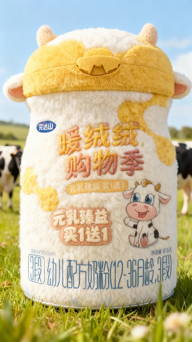 主标题 “暖绒绒购物季” 以大号错落艺术字呈现，色彩柔和且富有质感；副标题圆润可爱字体“元乳臻益 买1送1” 。设计奶粉罐拟人化卡通毛绒形象，背景为奶牛草地场景。