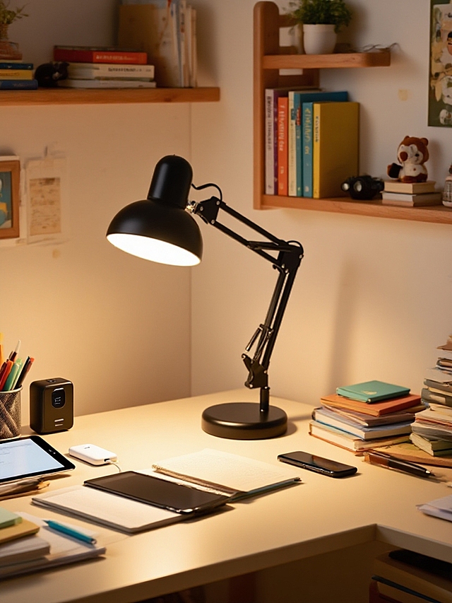 简约现代的书桌设计，温馨灯光营造舒适感，手账与书籍点缀文艺风，体现印刷风的精致细节。