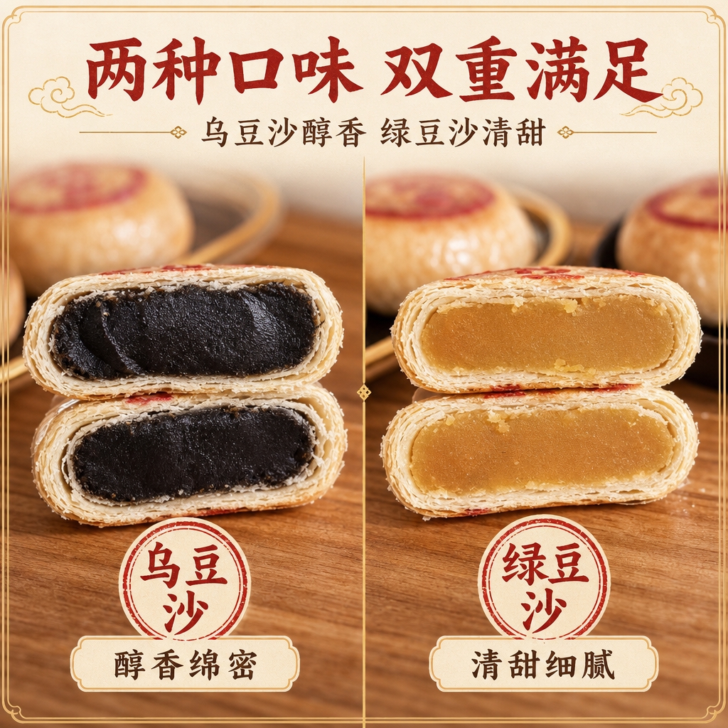 [主图-3] 细节微距：双口味馅料对比，展示乌豆沙与绿豆沙两种… - 图片创意预览