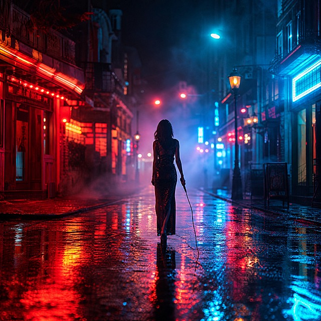 深夜霓虹街道场景，雨夜的城市小巷，两侧是复古的店铺招牌和霓虹灯，红蓝色霓虹灯光在湿漉漉的地面上形成斑斓的倒影，一个女歌手的模糊身影走在街道中央，周围弥漫着淡淡的雾气，赛博朋克与怀旧交织的氛围，迷离而感性，高对比度色彩，电影质感，无任何文字