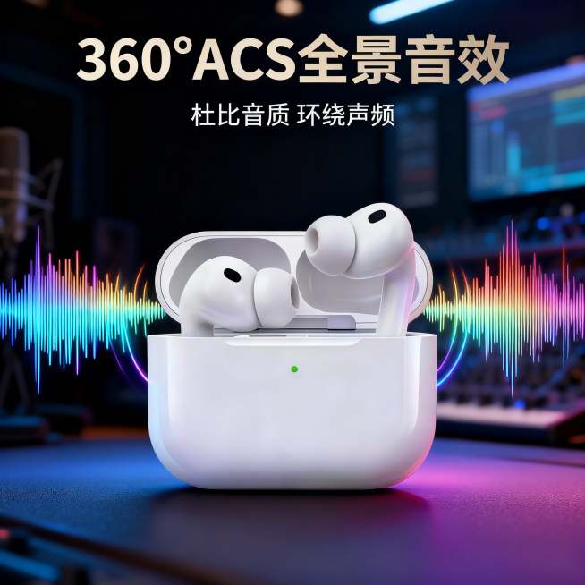 [主图 4] 音质效果展示主图
[氛围风格] 沉浸氛围感，突出环绕音质体验
[画面元素] 商业摄影质感，光线柔和通透，产品清晰真实，画面干净高级。蓝牙耳机放在深色质感桌面，保持和参考图一致的产品外观，预览效果