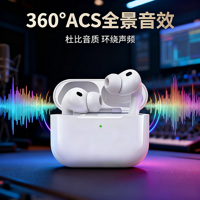[主图 4] 音质效果展示主图
[氛围风格] 沉浸氛围感，突出环绕音质体验
[画面元素] 商业摄影质感，光线柔和通透，产品清晰真实，画面干净高级。蓝牙耳机放在深色质感桌面，保持和参考图一致的产品外观，周围环绕彩色渐变音波光线，展示360°ACS全景环绕音效；背景为暗调模糊工作室环境，突出产品主体。
[配色色系] 主色调：深棕黑；辅助色：白色耳机，金色彩色音波
[视角构图] 中心产品展示，浅景深突出主体
[文字版式] 顶部大标题 "360°ACS全景音效"，副标题 "杜比音质 环绕声频" 居中排列，文字不遮挡产品核心部位，对比清晰易读。
[比例分辨率] 1:1 比例，2k 分辨率；文字清晰可辨，超高清。
[负向提示词] 变形，水印，文字错乱，产品图模糊，背景杂乱