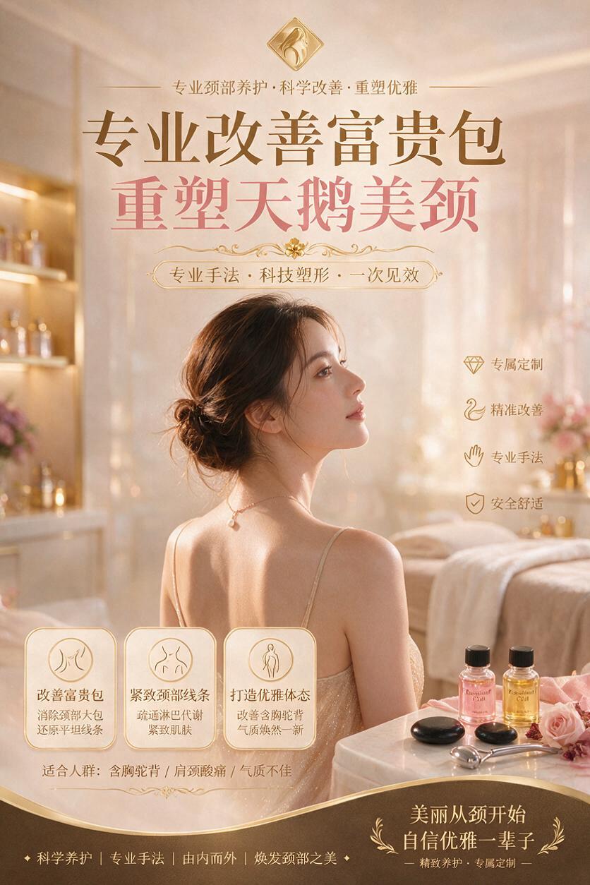 一张美容店改善富贵包的宣传海报，竖版构图，高端轻奢的美容养生风… - 图片创意预览
