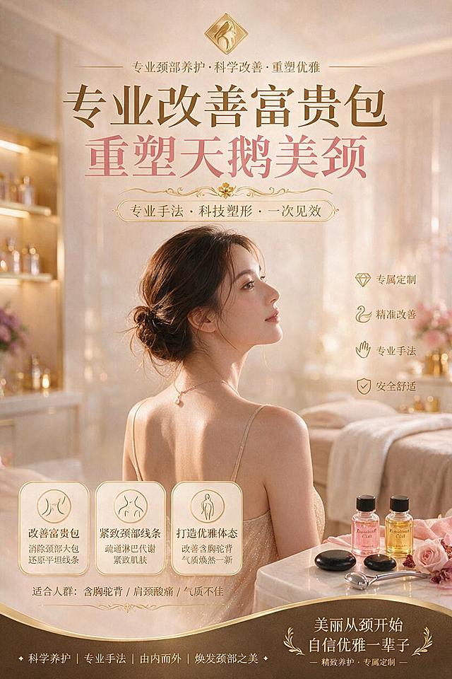 一张美容店改善富贵包的宣传海报，竖版构图，高端轻奢的美容养生风格。画面主体是一位优雅的女性侧影，脖颈线条优美修长，肩背舒展挺拔，颈后肌肤光滑紧致，没有富贵包凸起，呈现出自信优雅的状态。背景是温馨高级的美容店环境，柔和的暖光氛围，点缀精油、热石、养生工具等元素。画面上方有醒目的大字标题"专业改善富贵包 重塑天鹅美颈"，中间突出文字"专业手法 · 科技塑形 · 一次见效"，下方标注"告别厚颈驼背 / 还你优雅体态 / 资深技师一对一服务"。整体色调以香槟金、玫瑰粉、米白色为主，精致高级，富有美容院质感和吸引力。