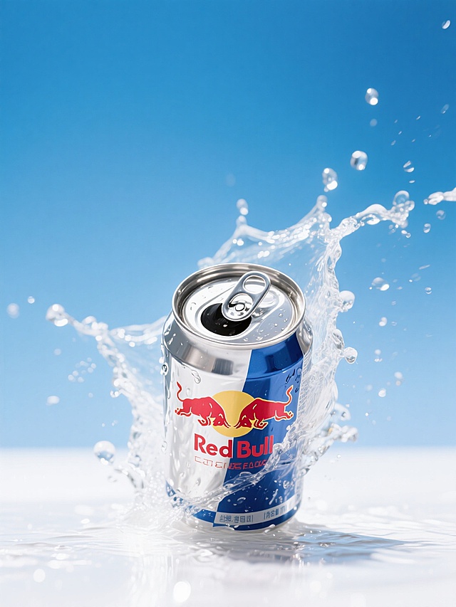 清爽感与清透感交织，现代感十足的双色设计风，重拟物风结合液态飞溅实景，展现Red Bull的活力瞬间。