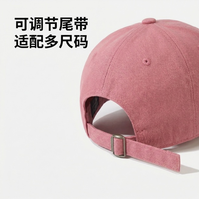 [主图4：背面调节带展示] 粉色软顶刺绣棒球帽，展示帽子后侧可调节尾带设计，干净浅灰背景，光线均匀展示整体版型和调节结构，背景铺满全屏无边框。文字版式：左侧文案“可调节尾带 适配多尺码”，字体黑色无衬预览效果