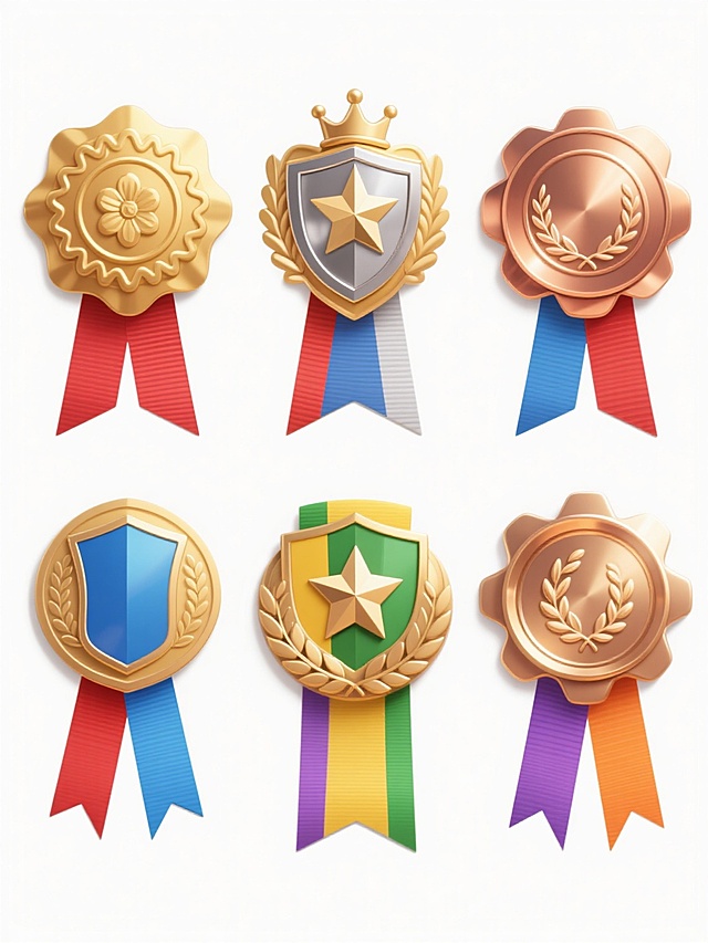 六个不同样式和材质的勋章整齐排列在纯白色背景上，勋章设计风格统一为精致的徽章式，包含不同的边缘造型（如波浪纹、齿轮纹、花叶纹等）和中心图案（如星星、皇冠、盾牌、橄榄枝、五角星、月桂叶等），材质呈现金属质感（金色、银色、铜色）并带有细腻的高光和阴影效果，每个勋章下方配有不同颜色的绶带（红色、蓝色、绿色、黄色、紫色、橙色），整体构图对称平衡，视觉层次清晰，具有高品质的数字插画风格，细节丰富，边缘锐利，色彩鲜明且和谐。