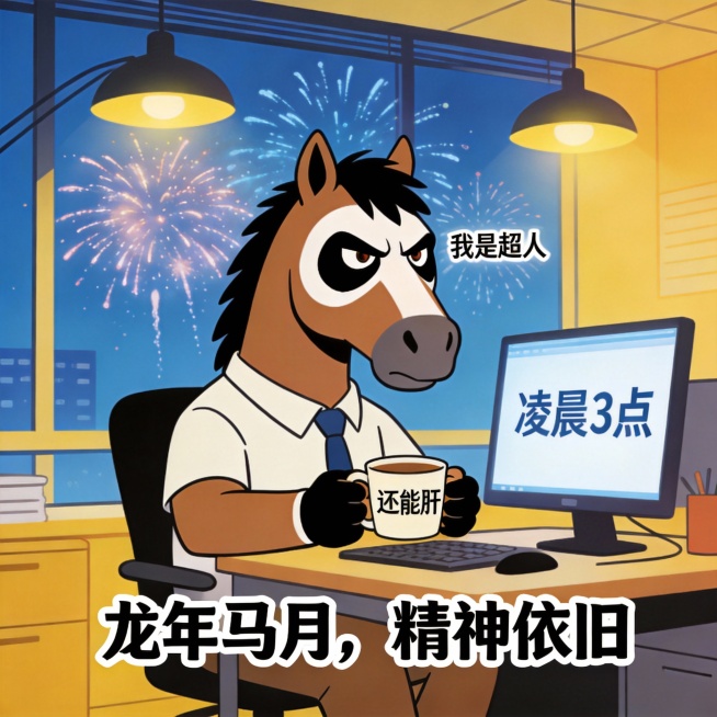 加班主题插画，一匹熊猫眼的马，面前电脑显示凌晨3点，手里捧着咖啡杯，杯子上写着"还能肝"。背景是公司窗外在放烟花。马的表情是"我是超人"的倔强。风格像打工人的自嘲表情包，配上文字"龙年马月，精神依旧"预览效果