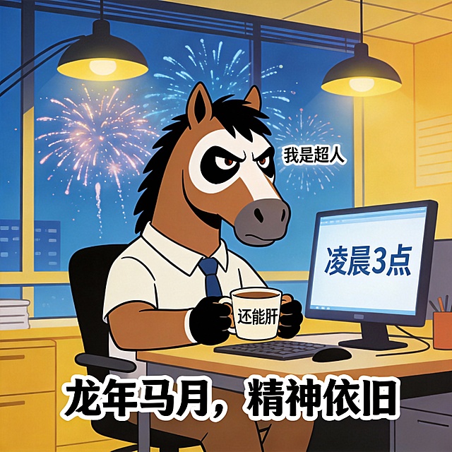 卡通感十足的动漫风插画，拟人化马角色在科技感办公环境中展现幽默与趣味，光影营造现代都市夜景，呼应龙年春节氛围。