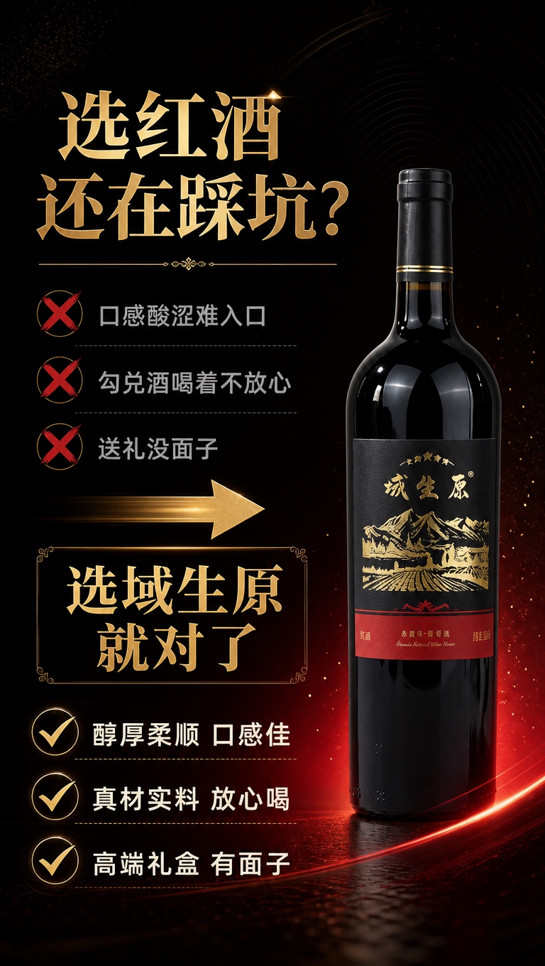 [商品] 使用【图2】域生原干红葡萄酒瓶身；保留黑色酒标、金色… - 图片创意预览