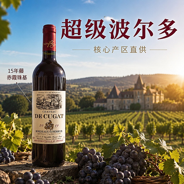 [主图-2] 古佳特酿红葡萄酒核心产区溯源图。[氛围风格] 自然高级，产地氛围感，真实可信。[画质] 商业摄影质感，光线柔和通透，产品清晰真实，画面干净高级。[元素] 保持古佳特酿红葡萄酒瓶外观、物理结构、材质质感、颜色与输入图片绝对一致，杜绝任何变形和色差，精细化处理。左侧摆放完整红酒瓶，右侧融入法国波尔多葡萄庄园背景，远处是连绵葡萄园和晴朗蓝天，近处散落新鲜采摘的赤霞珠葡萄串；商品主体占比约65%，画面层次清晰。[光影] 自然暖阳逆光，突出葡萄和酒液通透光泽，背景光影柔和自然。[配色] 主色调自然绿、深酒红，辅色天空蓝、暖金色。[视角构图] 平视构图，酒品和产区背景融合自然，产品完整突出。[文字版式] 画面上方居中放置超大加粗文字"超级波尔多"深酒红色，下方标注"核心产区直供"浅金色小字，左侧引线指向酒瓶标注"15年藤赤霞珠基"，文字清晰不遮挡主体。[输出要求] 1:1 比例，文字清晰可辨，超高清商业摄影质感。[负向提示词] 变形，文字错乱，产品图模糊，背景杂乱，水印，电商平台Logo。