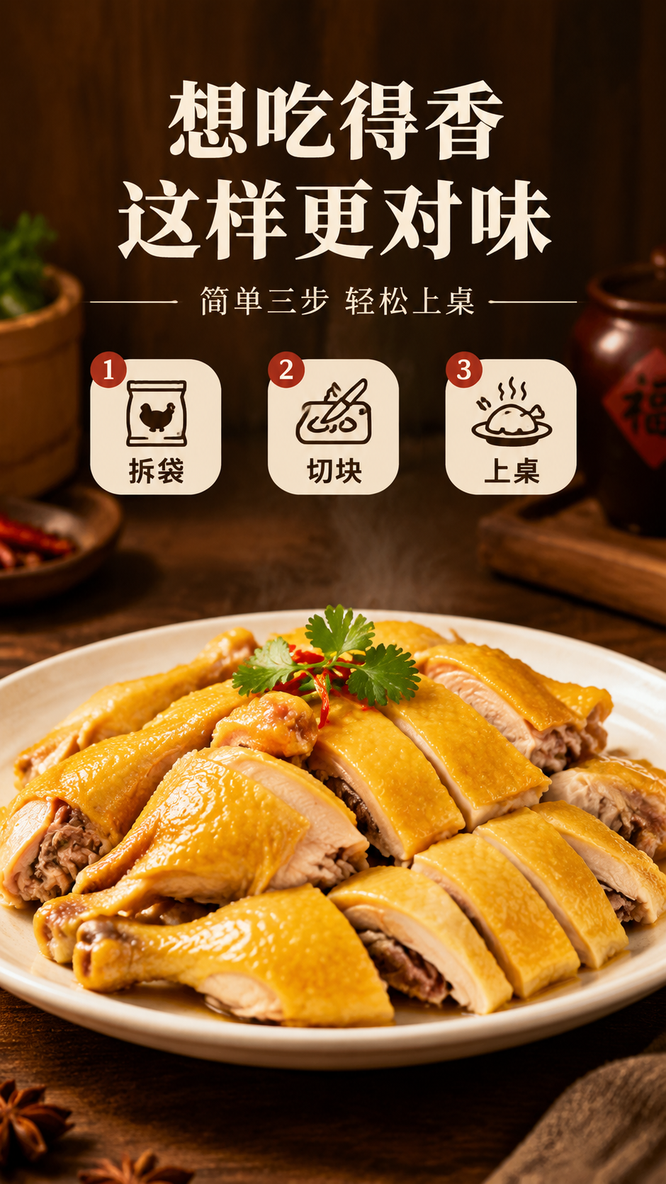中式家常烟火气商业摄影风格，深木色背景，暖金色侧前柔光。画面上… - 图片创意预览