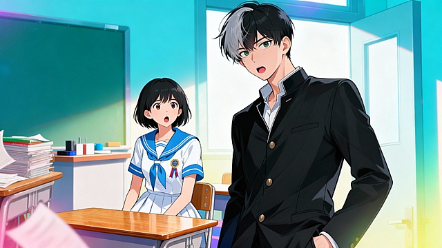 林墨震惊    江辰眼神复杂（悬念升级）  女的为林墨参照图，男的为江辰参照图，但男的手里面没有东西，背景依然为教室背景