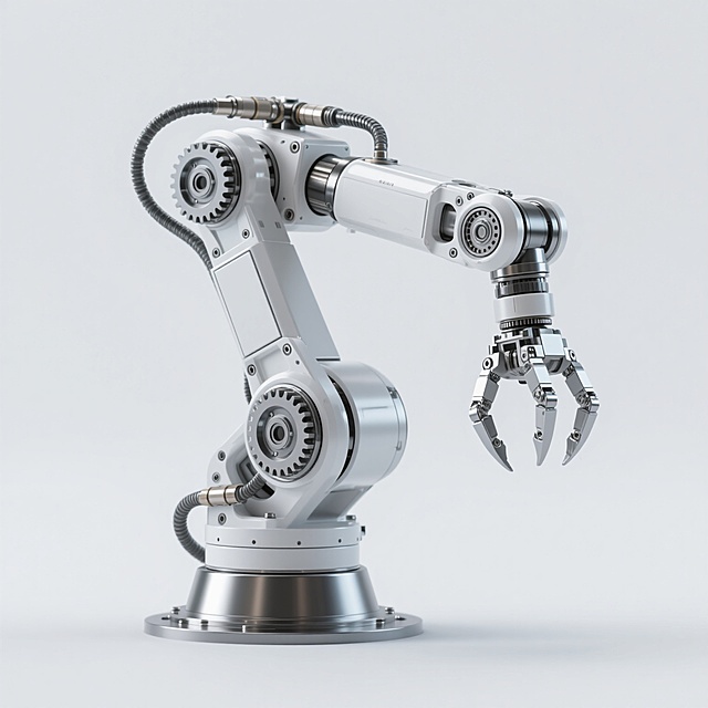 高精度3D渲染工业机械臂，银白色金属质感机身，多关节机械结构，精密齿轮与液压管线细节，末端机械爪呈抓取姿态，金属光泽表面有细微反光与磨砂质感对比，机身稳固安装于圆形底座，孤立于纯白色背景，整体线条硬朗科技感十足，光影效果突出机械立体感与工业美学。