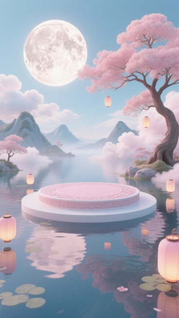 国风梦幻场景，画面主体是中式粉白色圆形展台、柔和朦胧光线，粉蓝为主的马卡龙色调，云朵般的山峦、湖面带传统花纹的圆形平台，巨大月亮藏着云纹树影，漂浮的灯笼，水面温柔倒映，广角低角度摄影，细节精致像电影画预览效果