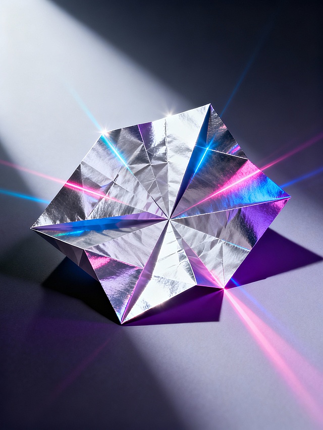 一张以折纸激光褶材质为核心视觉元素的海报设计，整体采用极具未来感的设计风格。画面主体是由折纸激光褶材质构成的几何形态或抽象结构，材质表面呈现出细腻的折痕与锐利的棱角，光线照射下，褶皱纹理间反射出强烈而炫目的激光效果，包括明亮的高光、七彩的光晕以及清晰的光束折射轨迹，色彩以金属质感的银白、科技蓝、霓虹粉或紫色为主调，光影对比强烈，光源从特定角度投射，在折纸上形成精准的阴影和高光区域，突出材质的立体感与激光的动态视觉冲击力。构图上遵循视觉层级原则，将折纸激光褶材质的主体元素置于画面中心或黄金分割点位置，确保其成为绝对视觉焦点，背景简洁，可能为深色渐变或纯色，以最大化衬托主体材质的激光光泽和折痕细节，整体设计传达出科技感、未来感与精密工艺的氛围，信息传达直接高效，视觉效果震撼，符合追求前卫与创新的目标受众审美。