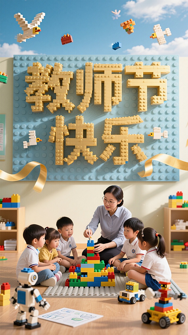 乐高创意字体，“教师节
快乐” 字样用金色乐高积木拼在上方，丝带，老师指导拼搭积木 ，孩子们围坐在一起认真听课，背景用浅蓝乐高板模拟天空，点缀乐高飞鸟积木 ，再加一些乐高机器人 编程小车