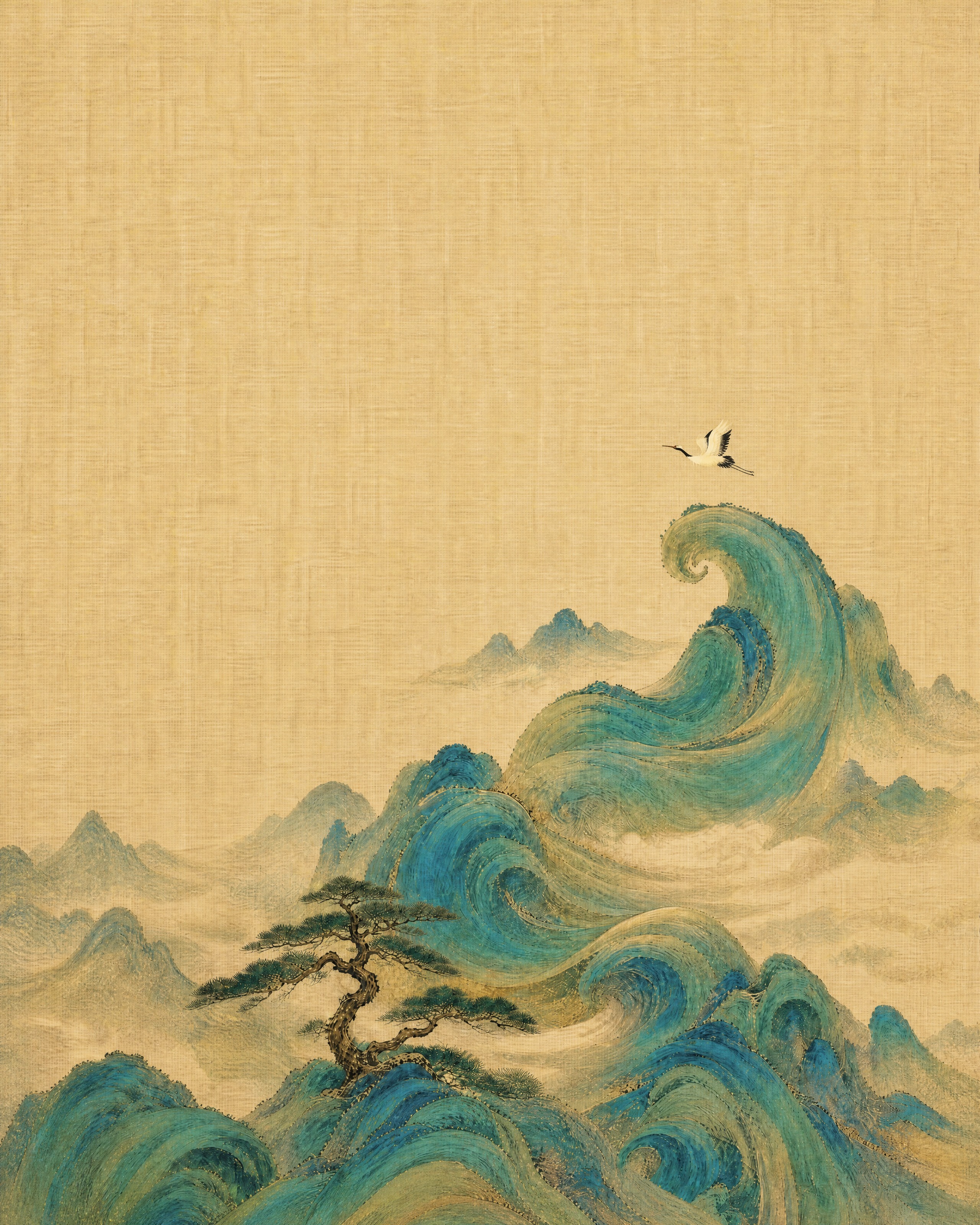 将画面中左下角的古松及松树下方的波浪山峦整体向上移动，画面整体… - 图片创意预览