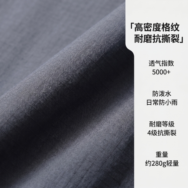 [主图 2] 功能参数展示图，展示夹克面料肌理性能。
[氛围风格] 专业品质感，简洁清晰突出卖点
[画质] 商业摄影质感、光线柔和通透、产品清晰真实、画面干净高级。
保持灰色夹克面料纹理颜色与输入产品预览效果