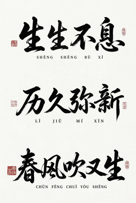 参考图片中潇洒飘逸的行书书法风格，设计汉字“春风吹又生”，横向排版，黑色书法字，白色背景，搭配红色中式印章点缀，国风毛笔书法，连笔自然，笔触张力强，保留书法枯笔效果，字体大气潇洒，版式排版参考参考图预览效果