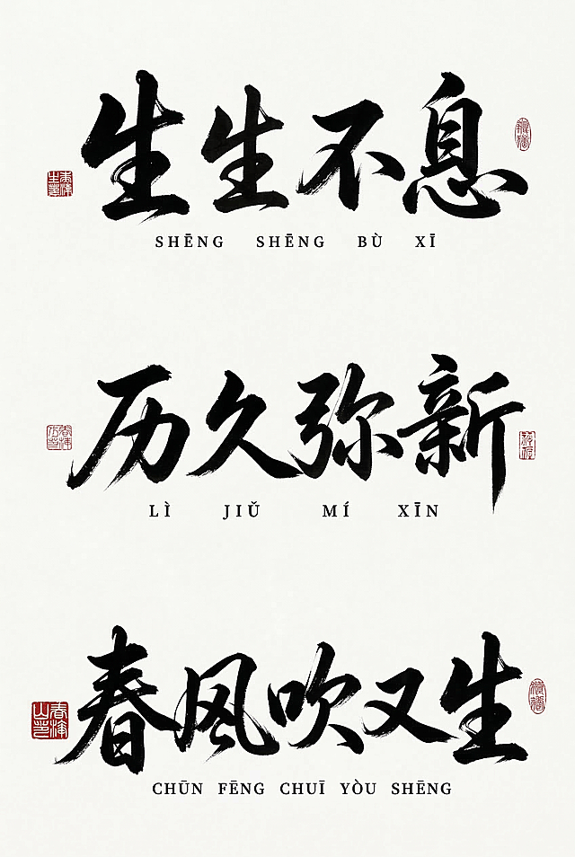 参考图片中潇洒飘逸的行书书法风格，设计汉字“春风吹又生”，横向排版，黑色书法字，白色背景，搭配红色中式印章点缀，国风毛笔书法，连笔自然，笔触张力强，保留书法枯笔效果，字体大气潇洒，版式排版参考参考图