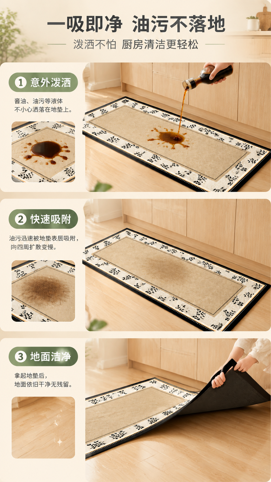 [商品] 使用【图1】一次性吸油厨房地垫长条款；保留米黄主面、… - 图片创意预览