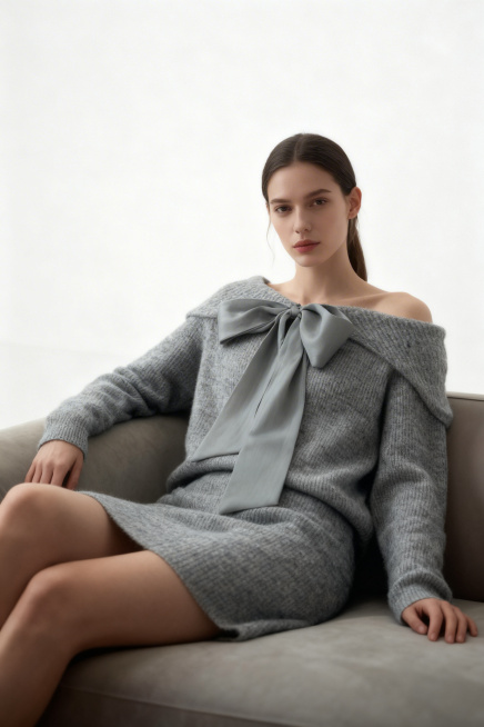 模特穿上这件灰色露肩蝴蝶结针织毛衣裙的露脸全身照，商业高级拍摄风格，模特姿态放松地坐在简约质感的沙发上，光线柔和高级，画面有质感预览效果