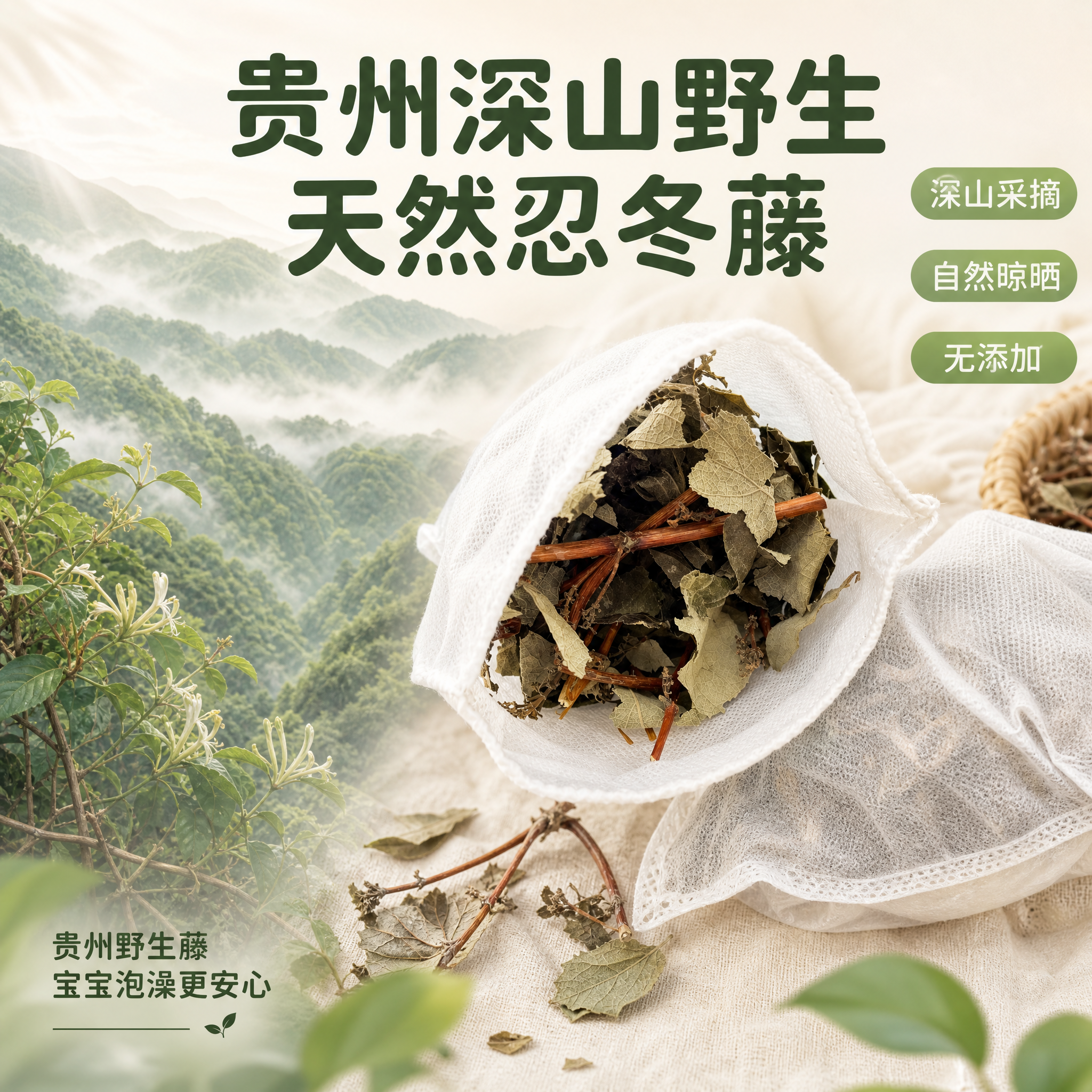 [主图-2] 野生产地与草本价值图，展示贵州野生金银花藤的产地… - 图片创意预览