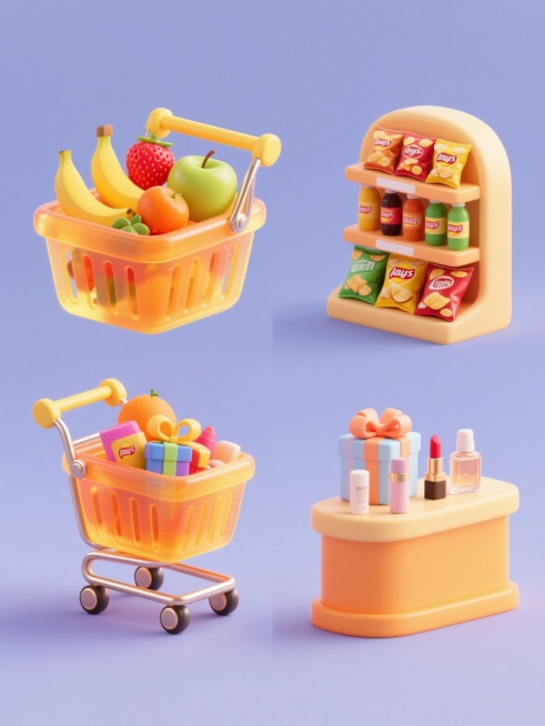 四个同风格商城系列素材规整排布，每个元素均为圆润可爱的3D建模物体，采用橙黄色渐变半透明塑料质感，带有金属光泽的小轮子和把手，高光柔和，阴影细腻。第一个是装满彩色水果的购物篮，水果有草莓、香蕉、苹果和橙子；第二个是堆叠着不同口味薯片和饮料的货架；第三个是带有蝴蝶结的精美礼品盒，盒内露出彩色包装的礼物；第四个是摆放着护肤品和化妆品的柜台，包含口红、面霜和香水。所有元素背景为纯色，整体风格保持一致……预览效果