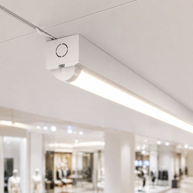 商业级LED灯具产品实景摄影。
主体：LED灯管严格参照上传产品图，完整保留所有可见组件、部件、轮廓、结构、比例、材质、颜色与产品本体信息，与上传图完全一致。产品占画面60%~70%，完整不裁切，近距预览效果