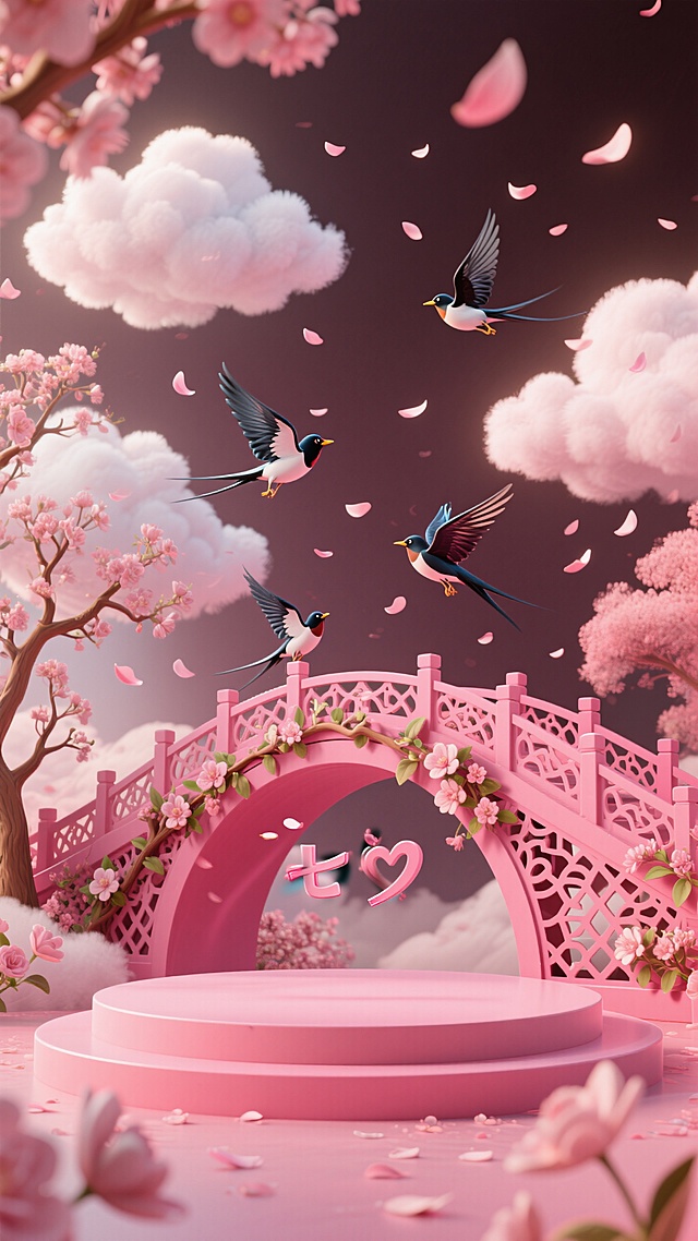 梦幻中式风格，软3D风超现实主义设计，七夕节浪漫场景。