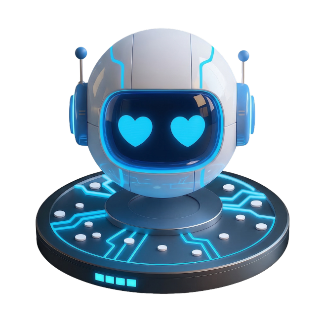 将图中的Q版球形机器人改成正面视角，保持原有的蓝白科技风格、蓝色爱心眼睛、圆形耳机、顶部天线和底部发光科技底座，所有元素样式完全保留，仅调整角度为正面正对镜头预览效果