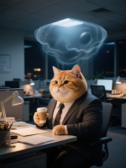 拟人胖乎乎圆滚滚橘猫穿着西装手拿着咖啡，在办公室繁忙的加班，背景夜晚预览效果