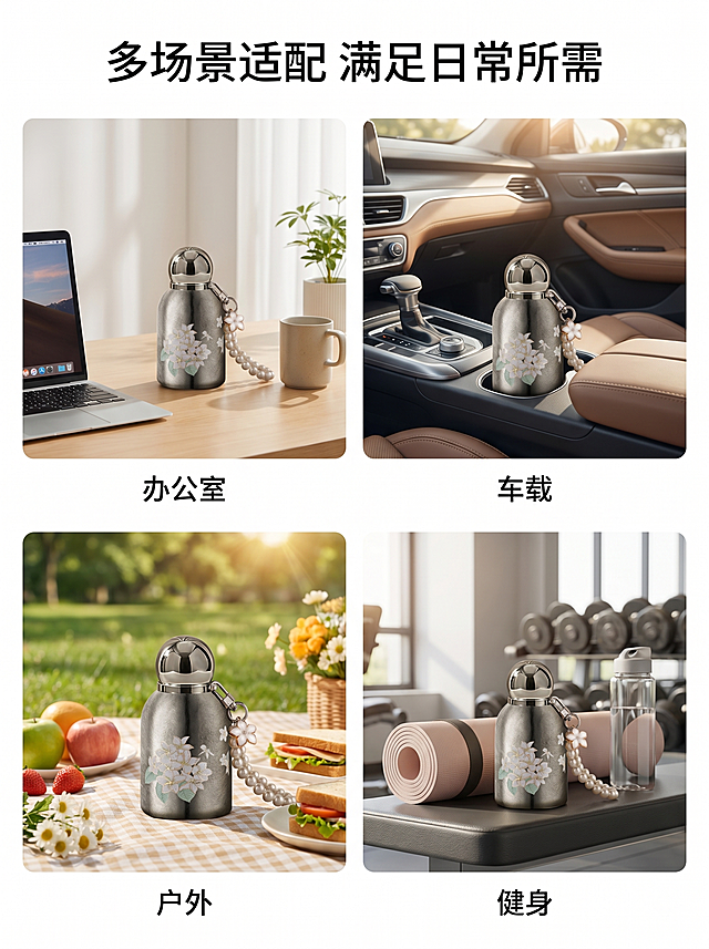 [主图 7] 纯钛口袋保温杯多场景适配宫格展示
[氛围风格] 清新多样生活场景，统一治愈风
[画质] 商业摄影质感、光线柔和通透、产品清晰真实、画面干净高级
[元素] 四宫格布局，分别展示四个使用场景：1办公室桌面、2车载杯架、3户外野餐、4健身房。保温杯出现在每个场景中，大小比例与场景适配。保持产品外观（物理结构、材质质感、颜色）在所有场景中与输入产品图绝对一致，杜绝任何变形和色差，精细化处理。每个场景都保持清新雅致风格，整体统一协调
[光影] 每个场景光影自然，整体明亮通透，统一暖调光线
[配色] 整体浅暖清新配色，四个场景色调协调统一
[视角构图] 四宫格分割构图，每个格子都是独立场景，布局均匀，产品在每个场景中都清晰可见
[文字版式] 顶部大标题「多场景适配 满足日常所需」，每个小场景底部标注对应场景名称：「办公室」「车载」「户外」「健身」，文字小巧清晰不遮挡产品
[比例分辨率] 3:4 比例，2k 分辨率；文字清晰锐利，画面超高清
[负向提示词] 变形，水印，文字错乱，产品图模糊，背景杂乱