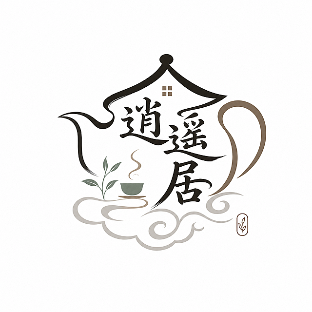 修改LOGO设计：对文字“逍遥居”进行字体变形设计，以云朵作为地基，将房子的外形设计成茶壶的样子，整体保持中式简约雅致风格