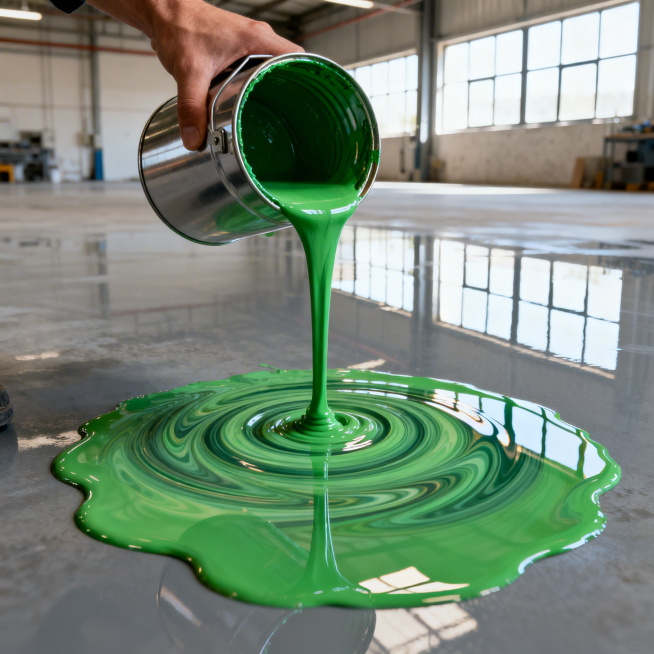 超写实摄影风格，画面中心是一只手握着倾斜的金属油漆桶，桶内的鲜绿色粘稠地坪漆正呈柱状缓缓流出，在光滑的灰色地坪上汇聚成一片带有漩涡纹理和强烈镜面反射效果的液池，细腻展现液体流动的螺旋纹路和粘稠质感。背预览效果